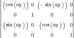delim{|}{
matrix{4}{4}{
(cos(ay)) 0 (- sin(ay)) 0
      0  1   0   0
(sin(ay)) 0  (cos(ay)) 0
 0 0  0  1}}{|}